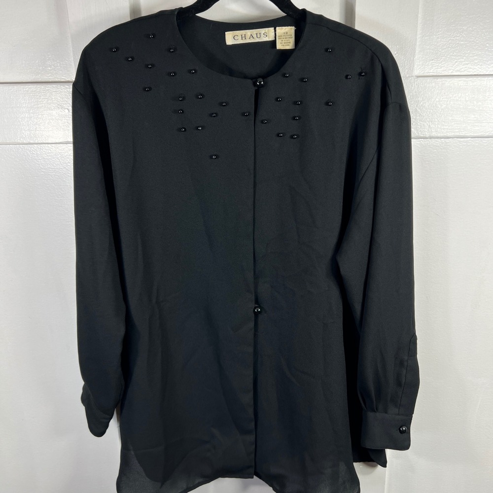 Chaus Womens Black Beaded Long Sleeve Blouse Size 12 Round Neck Button Front VTG